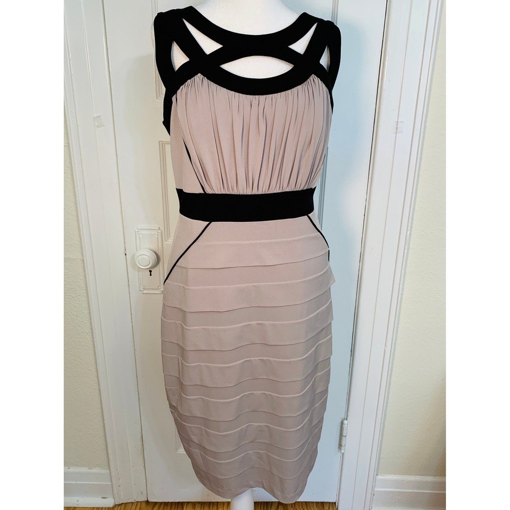 Jax Strappy Cutout Blush and Black Banded Hourglass Cocktail Dress / Size 12 - Picture 2 of 14